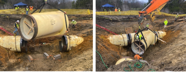 Crews lower and attached the massive "y" shaped fitting into the Irving Pipeline to eventually connect it to Lake Ralph Hall.